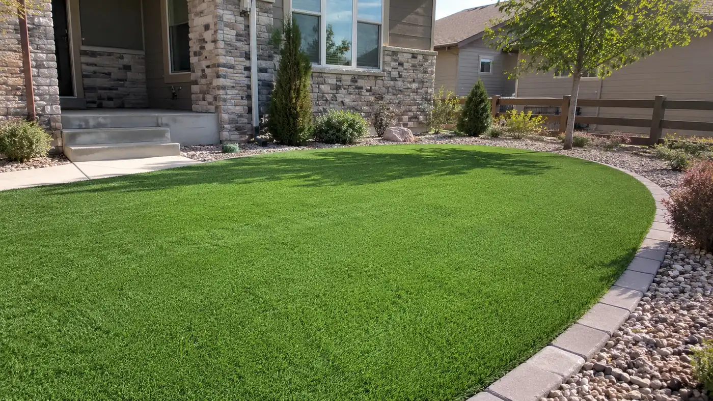 Artificial grass backyard Concept rendering: artificial grass backyard with a flagstone path at a stone-accented home in Parker, CO