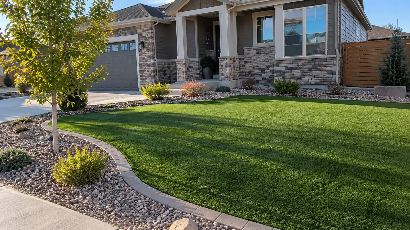 Turf lawn with curb edging Concept rendering: artificial turf front yard with concrete curb edging and river rock beds in Parker, CO