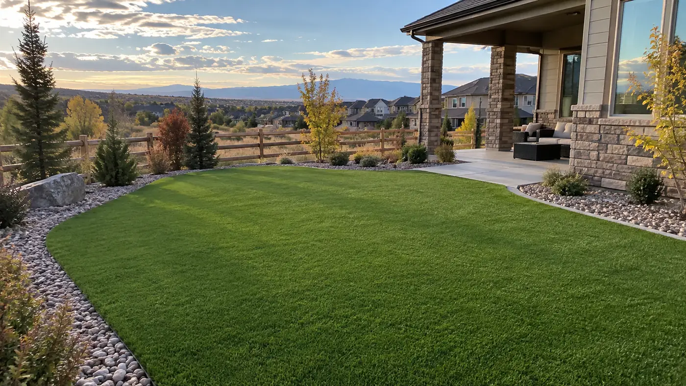 Turf lawn at sunset Concept rendering: artificial turf lawn with a river rock border beside a covered patio at sunset in Parker, CO