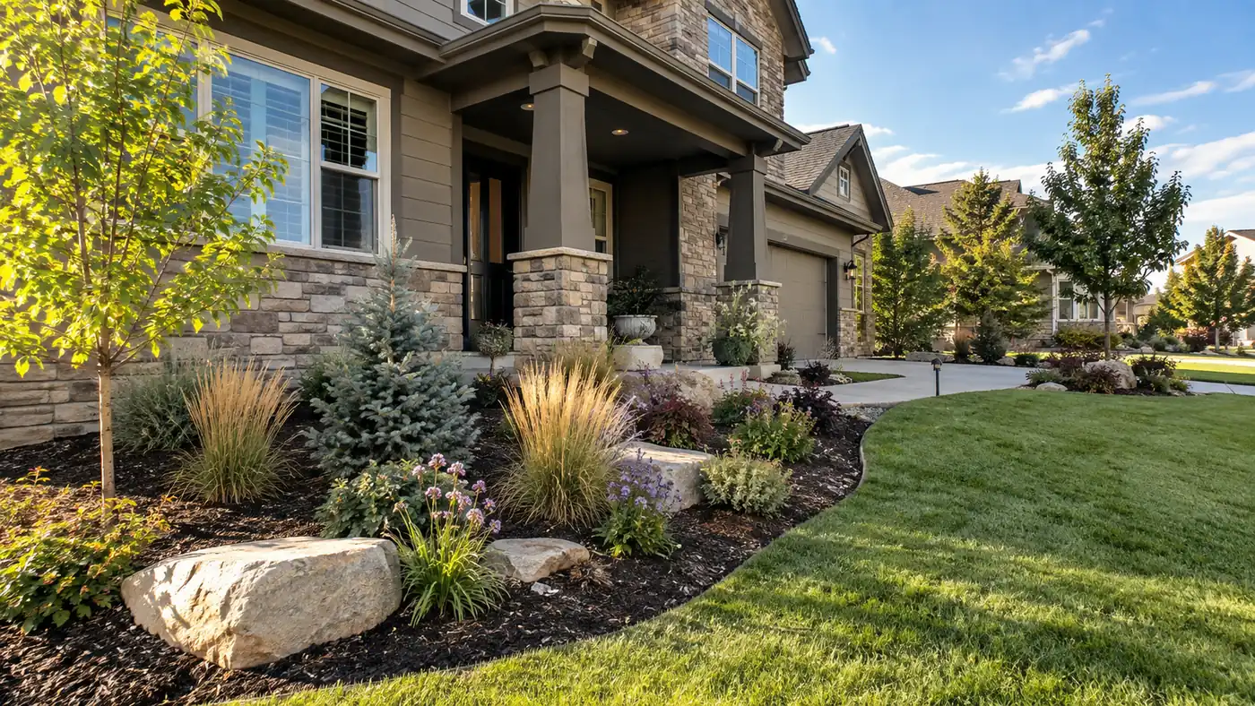 Boulder and grass entry bed Concept rendering: boulder and ornamental grass bed at the stone entry of a home in Parker, CO