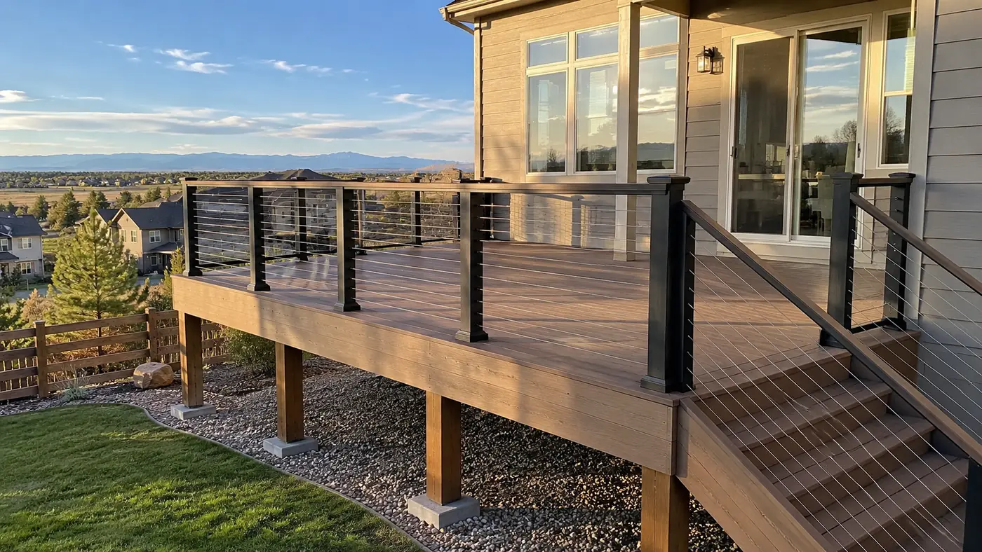 Cable-rail deck Concept rendering: cable-rail composite deck with stairs and a mountain view at a tan home in Parker, CO