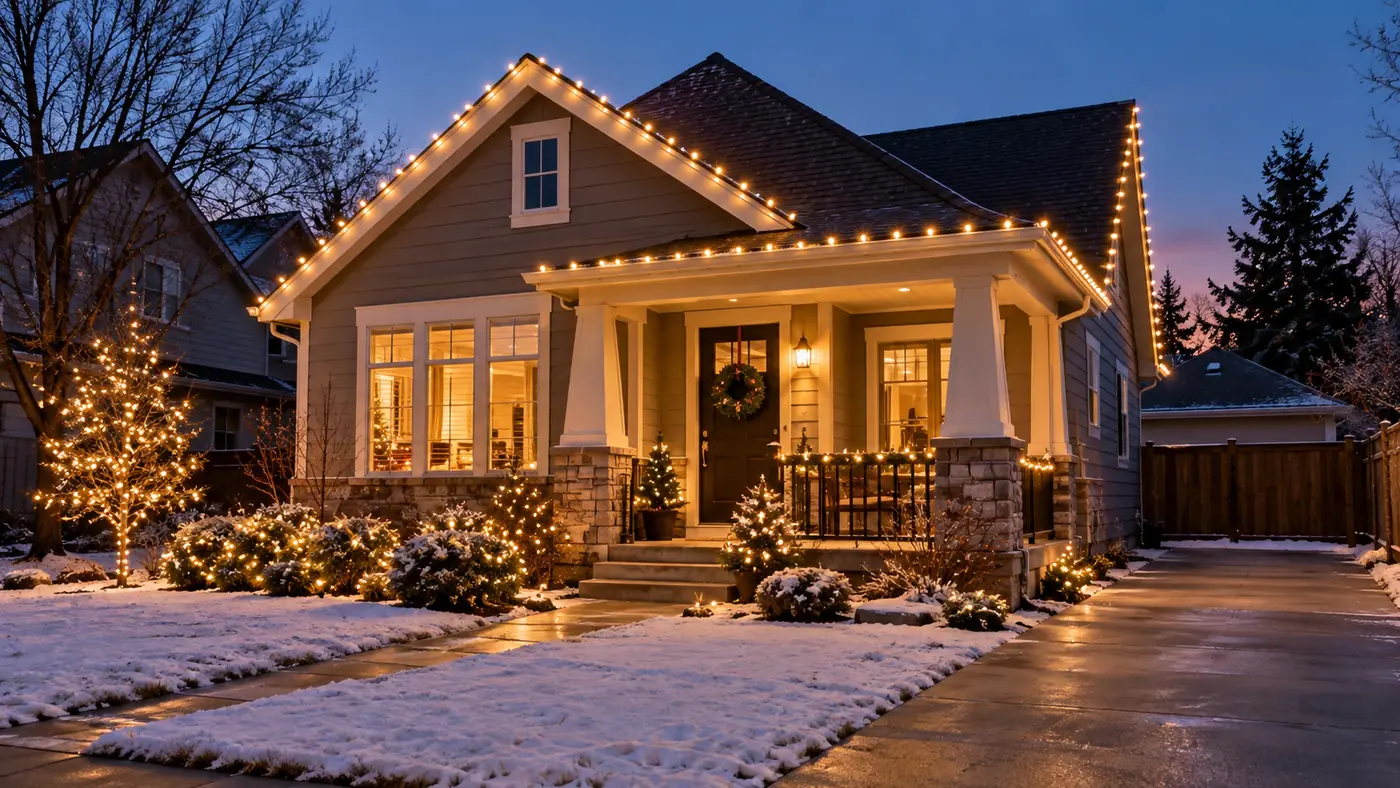 Christmas lights on a craftsman Concept rendering: Christmas roofline lights and wrapped porch columns on a craftsman home in snow in Parker, CO
