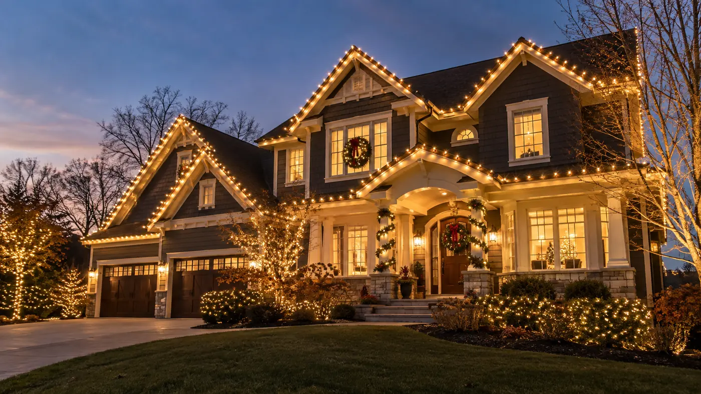 Christmas lights and garland Concept rendering: Christmas lights, wreath and garland on a two-story stone home at dusk in Parker, CO