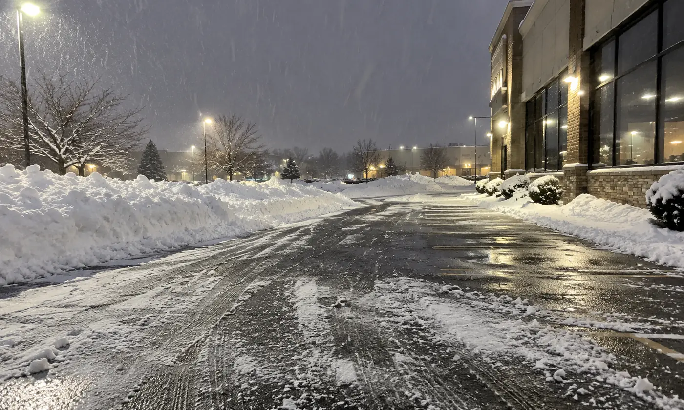 Plowed lot at night Concept rendering: freshly plowed commercial parking lot during a night snowfall in Parker, CO