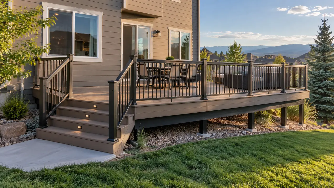 Deck with aluminum railing Concept rendering: composite deck with black aluminum railing and stairs down to a lawn in Parker, CO