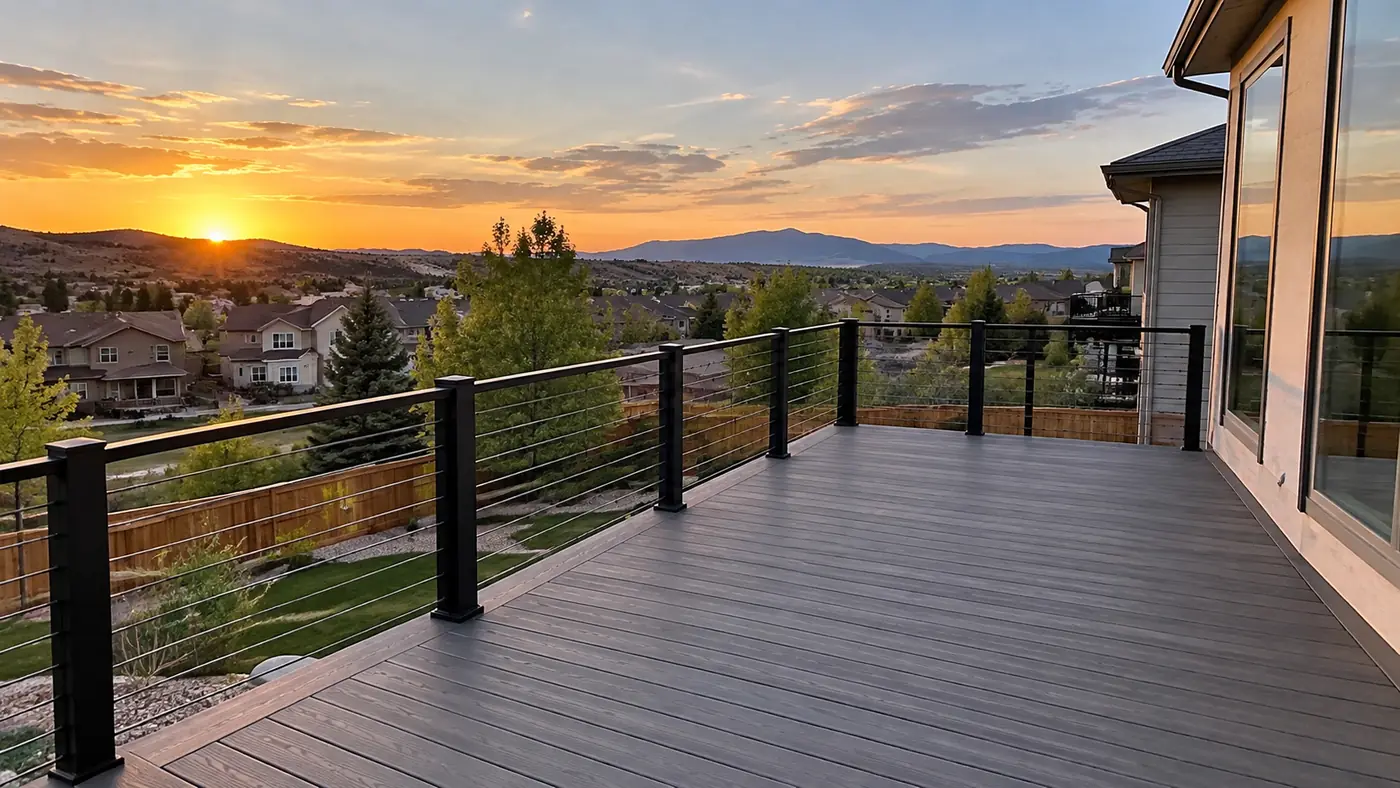 Cable-rail composite deck Concept rendering: composite deck with cable railing over a neighborhood at sunset in Parker, CO