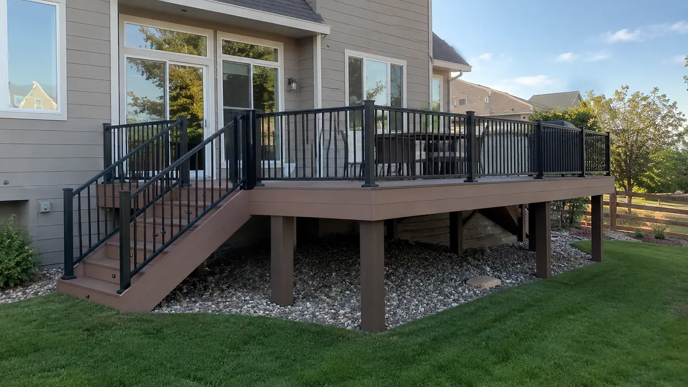 Deck with metal balusters Concept rendering: composite deck with black metal balusters and stairs over a river rock bed in Parker, CO
