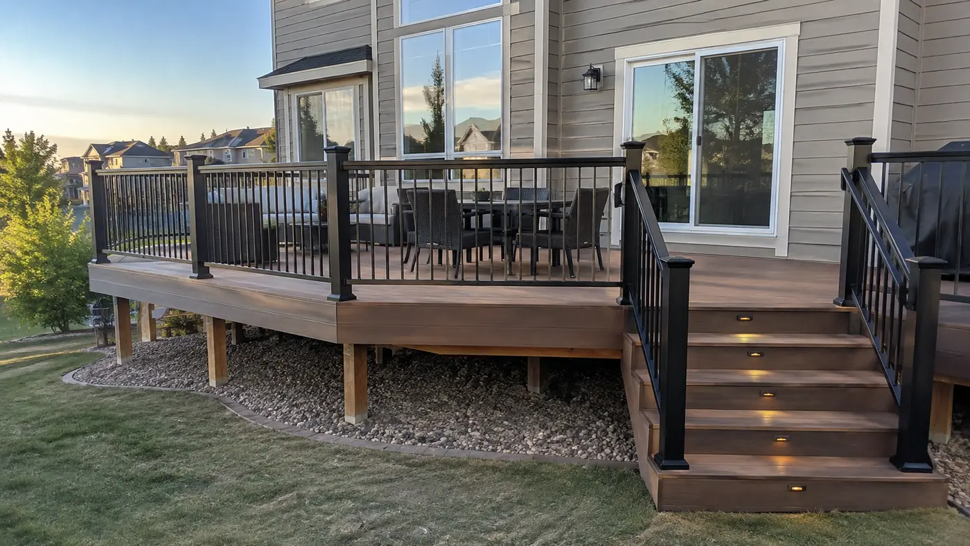 Composite deck with stairs Concept rendering: composite deck with stairs, black railing and a dining set at a tan home in Parker, CO