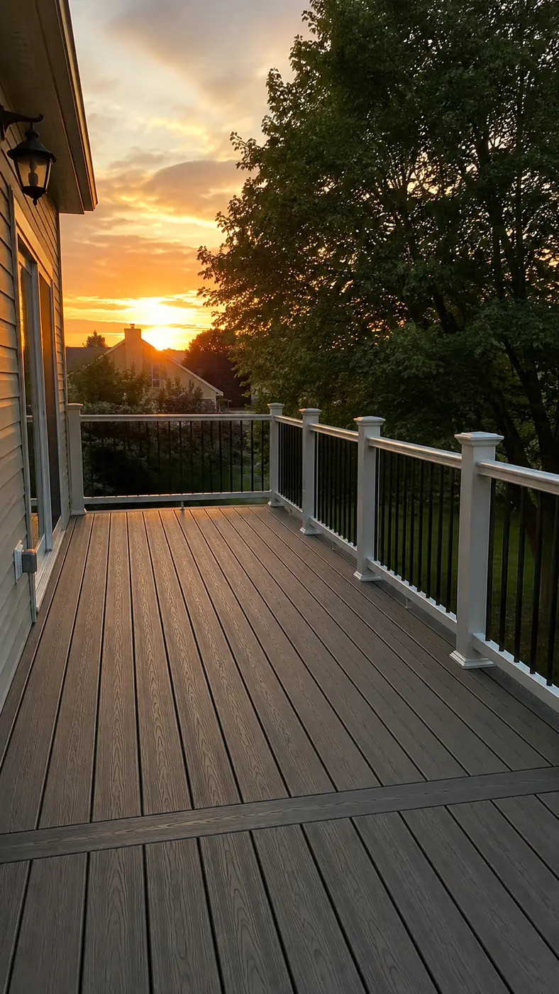 Composite deck at sunset Concept rendering: composite deck with white post railing overlooking trees at sunset in Parker, CO