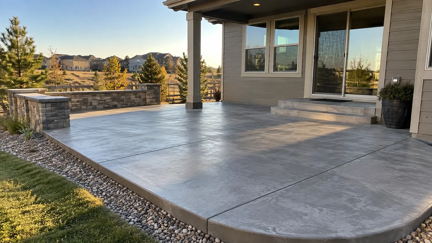 Concrete patio with seat wall Concept rendering: large concrete patio with steps and a stone seat wall below a covered porch in Parker, CO