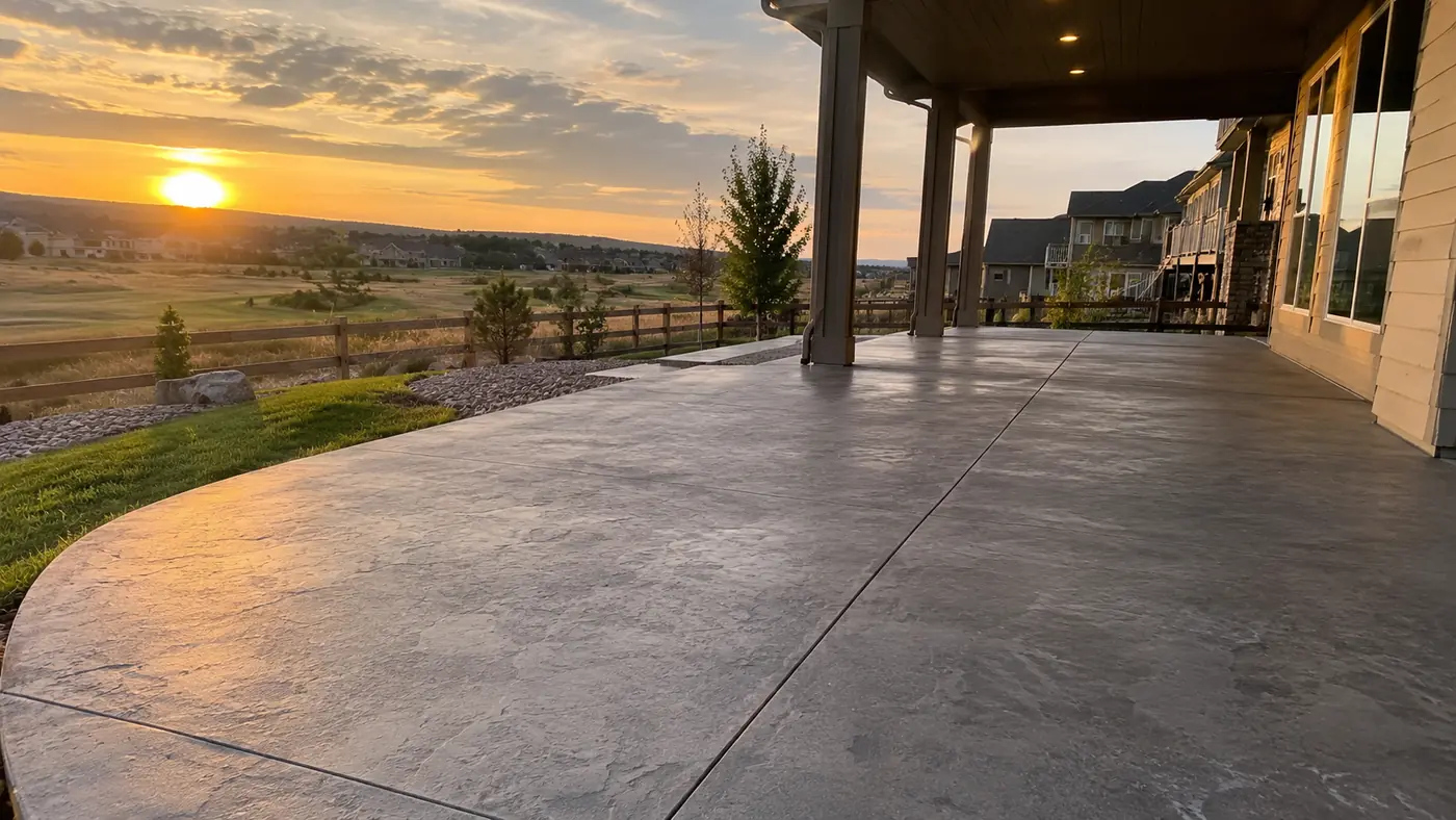 Covered stamped concrete patio Concept rendering: covered stamped concrete patio with stone columns at sunset in Parker, CO