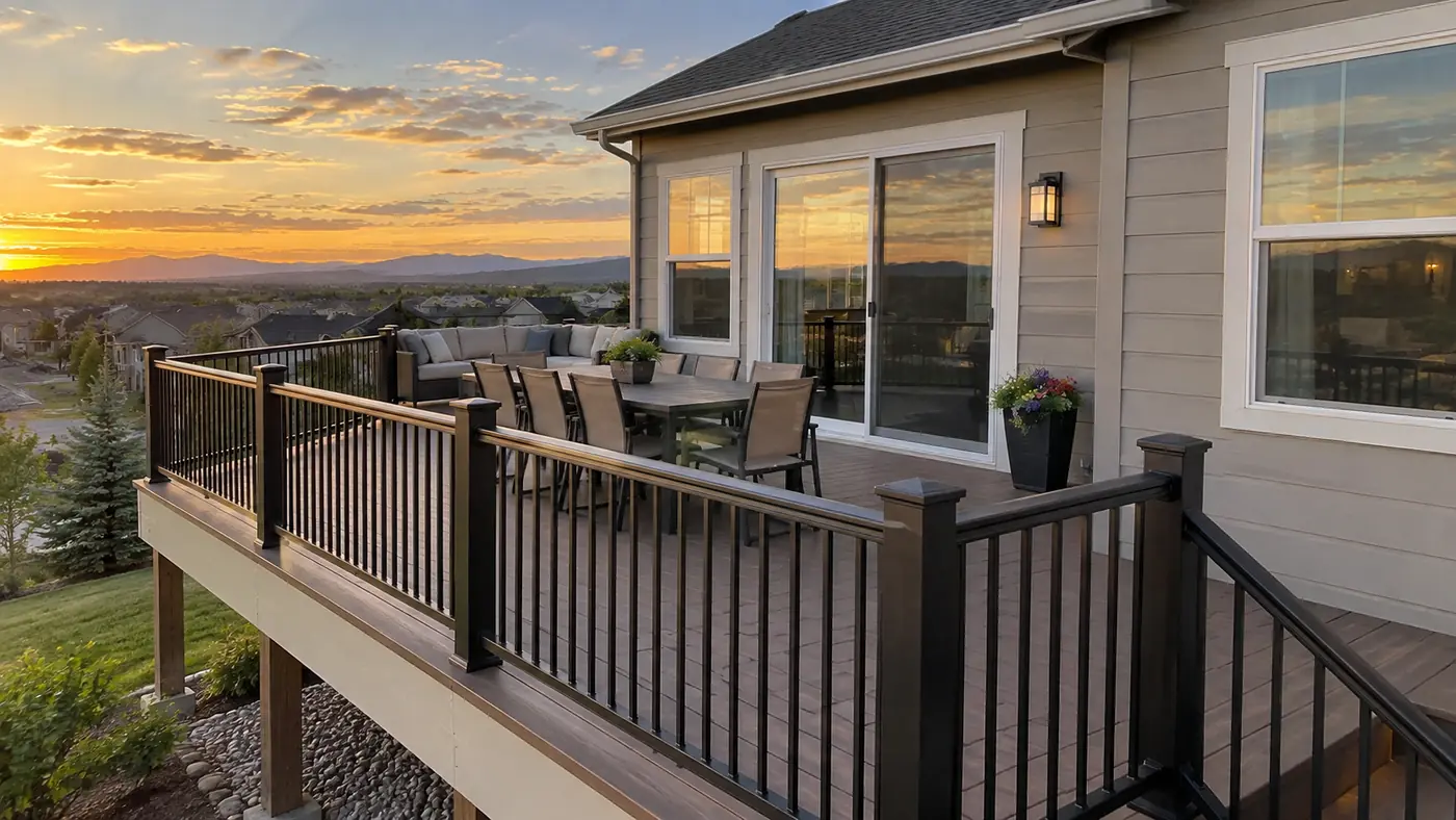 Deck dining at sunset Concept rendering: deck with an outdoor dining table and black railing beside sliding doors at sunset in Parker, CO