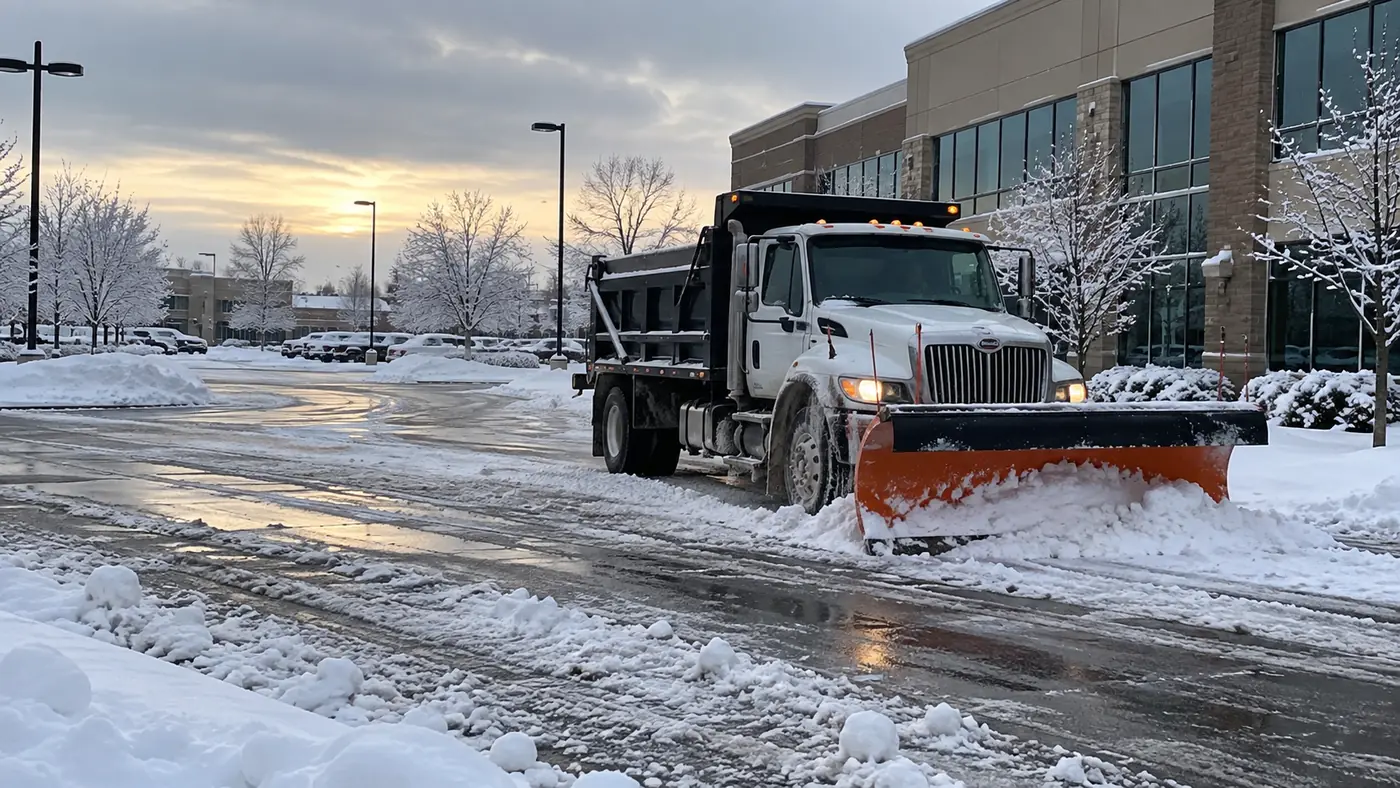 Dump truck plowing Concept rendering: dump truck with a plow clearing a commercial lot at sunrise in Parker, CO