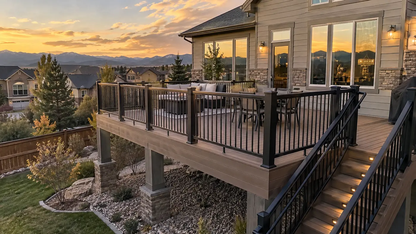 Elevated composite deck Concept rendering: elevated composite deck with black railing and stairs facing a mountain sunset in Parker, CO