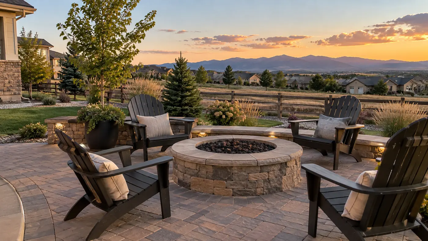 Fire pit at sunset Concept rendering: stone fire pit and Adirondack chairs on a paver patio overlooking the plains at sunset in Parker, CO