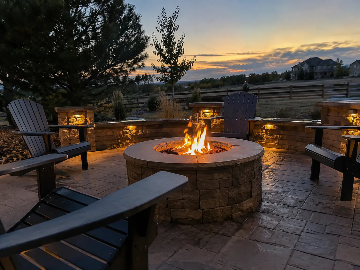 Fire pit at dusk Concept rendering: stone fire pit at dusk with black Adirondack chairs and wall lights on a patio in Parker, CO