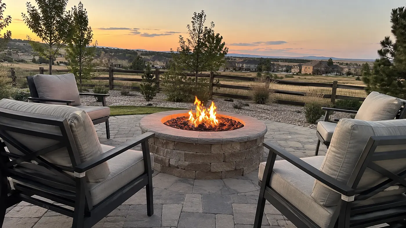 Fire pit lounge seating Concept rendering: round fire pit with cushioned lounge chairs on a paver patio by a ranch fence in Parker, CO