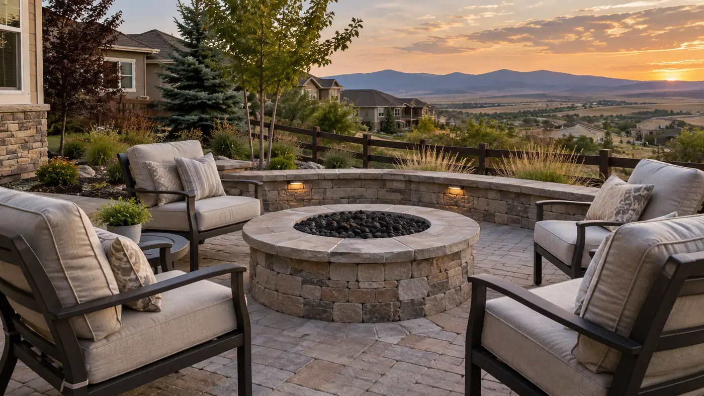 Fire pit with wall lights Concept rendering: gas fire pit with a lit seat wall on a paver patio and mountain sunset in Parker, CO
