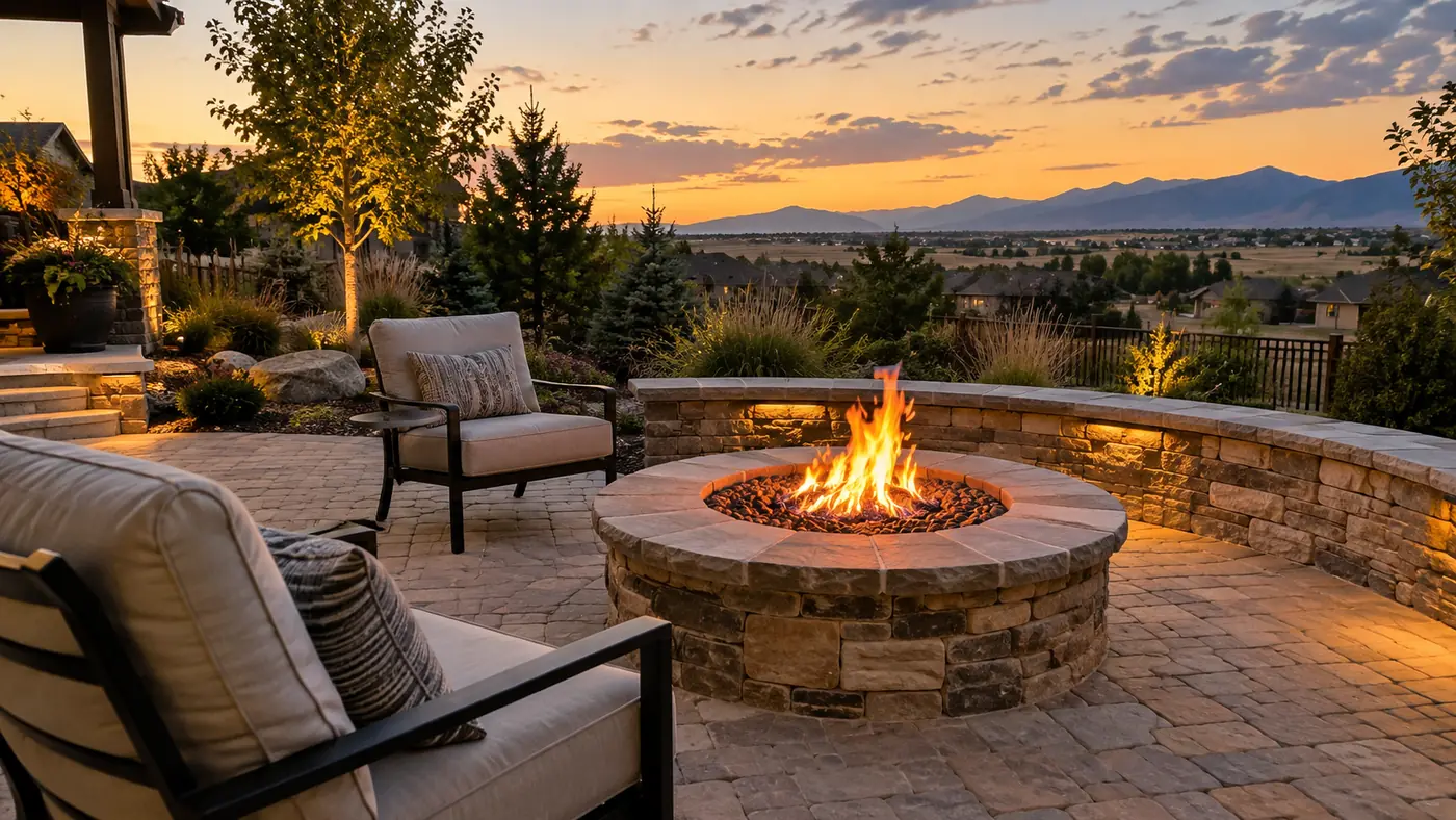 Fire pit with seat wall Concept rendering: stone fire pit with a curved seat wall on a paver patio facing the mountains in Parker, CO