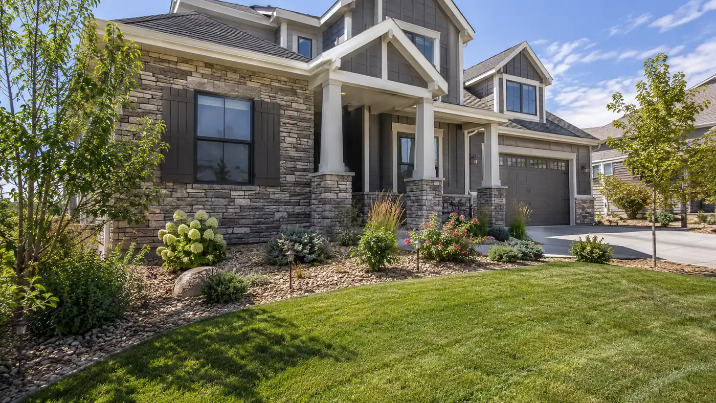 Flowering shrub front yard Concept rendering: flowering shrubs and lawn in front of a stone and shake two-story home in Parker, CO