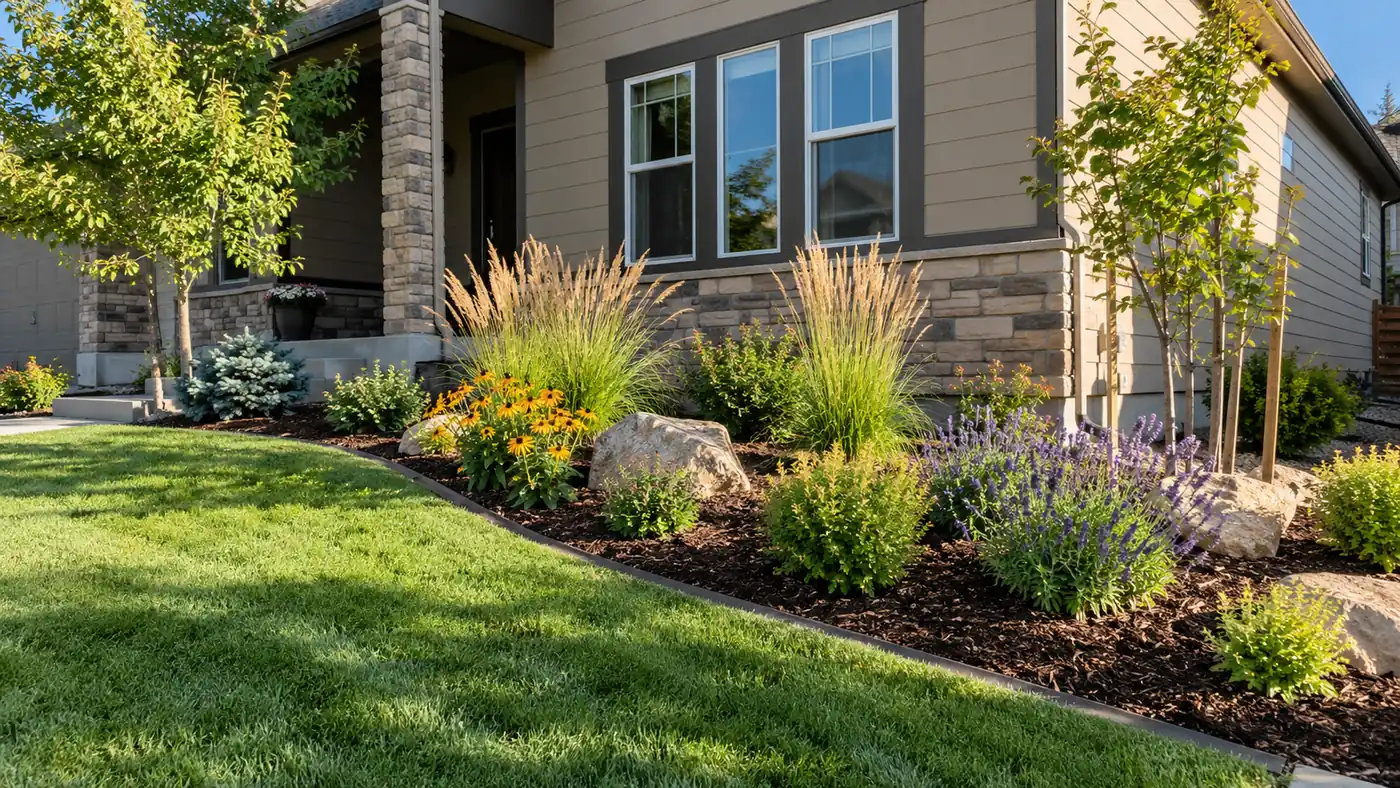 Foundation planting bed Concept rendering: foundation planting bed with ornamental grasses, a boulder and mulch beside a lawn in Parker, CO