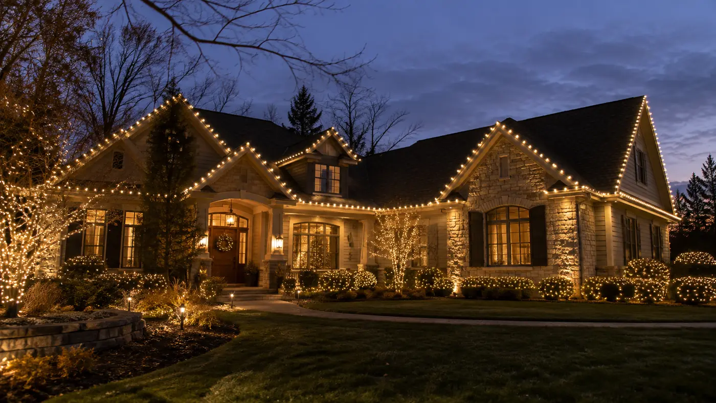 Holiday lighting with lit trees Concept rendering: holiday lighting on a ranch home with wrapped trees at dusk in Parker, CO