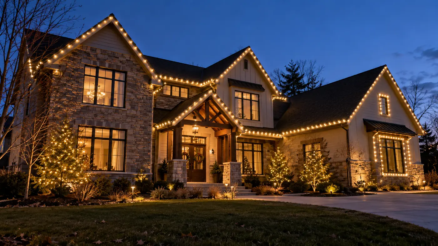 Holiday lighting on stone home Concept rendering: warm white holiday lighting on a large stone home with a lit lawn at dusk in Parker, CO