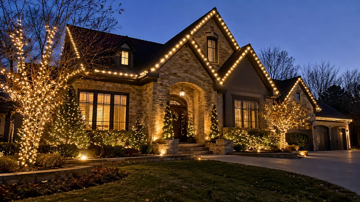 Holiday lights on a ranch home Concept rendering: holiday roofline lights on a stone-front ranch home with lit shrubs in Parker, CO
