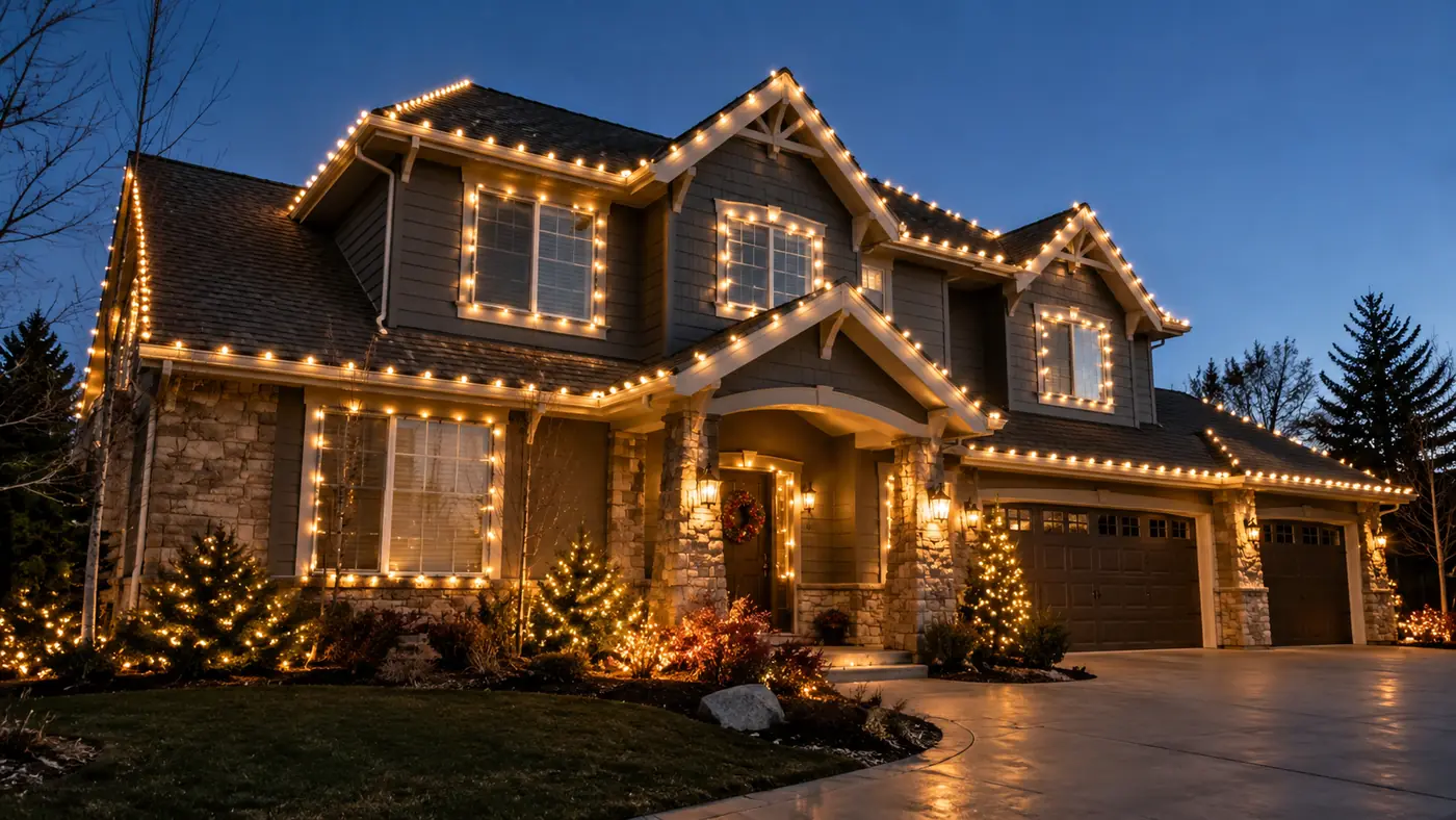 Roofline lights at dusk Concept rendering: holiday roofline lighting on a stone two-story home at dusk in Parker, CO