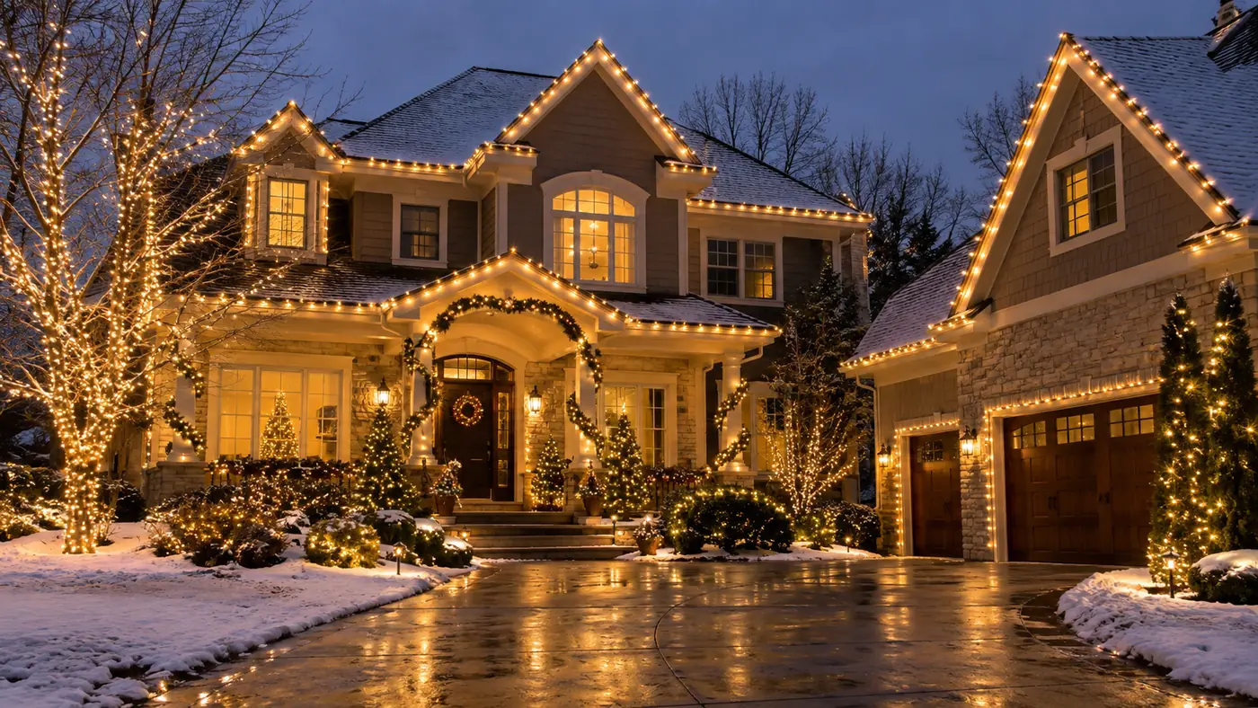 Holiday lights in snow Concept rendering: warm white holiday roofline lights and a wreath on a snowy two-story home in Parker, CO