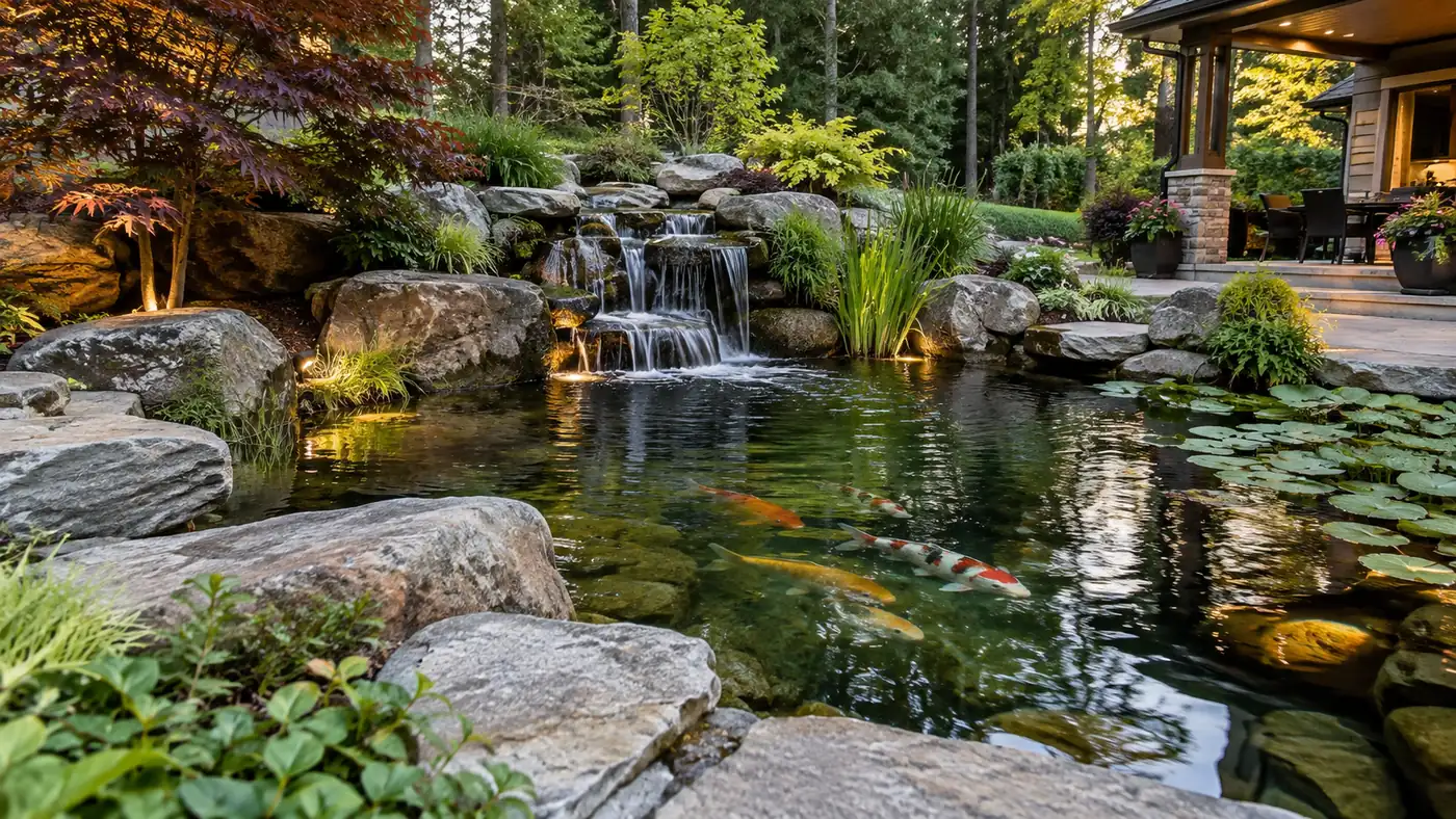 Koi pond among evergreens Concept rendering: koi pond with a rock waterfall framed by evergreens and perennials in Parker, CO