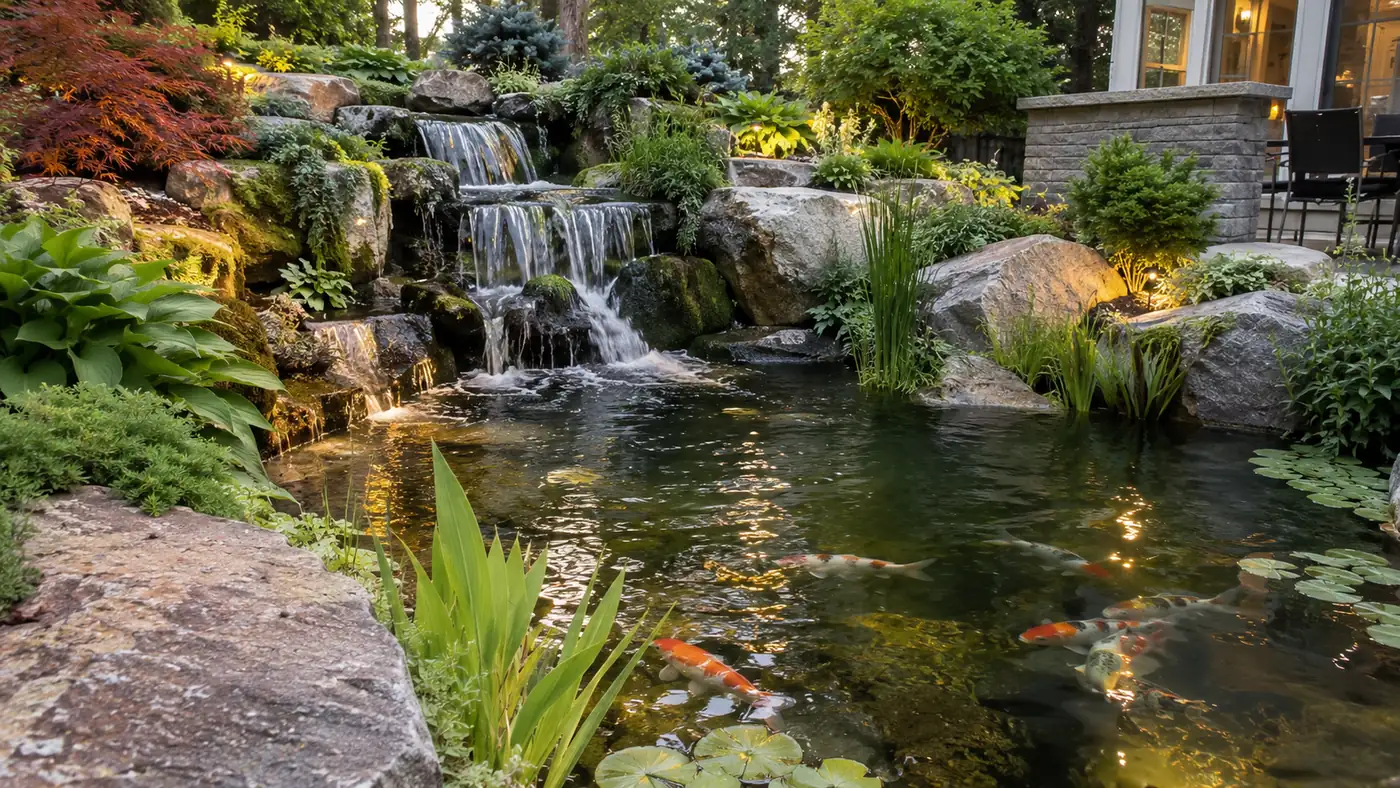 Koi pond with waterfall Concept rendering: koi pond with a rock waterfall and lily pads in a planted backyard in Parker, CO