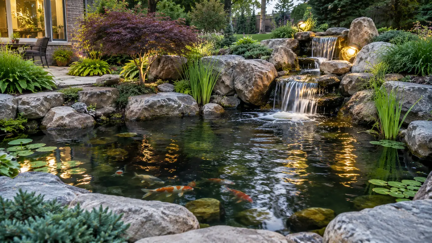Koi pond and grasses Concept rendering: koi pond with a stone waterfall and ornamental grasses in Parker, CO