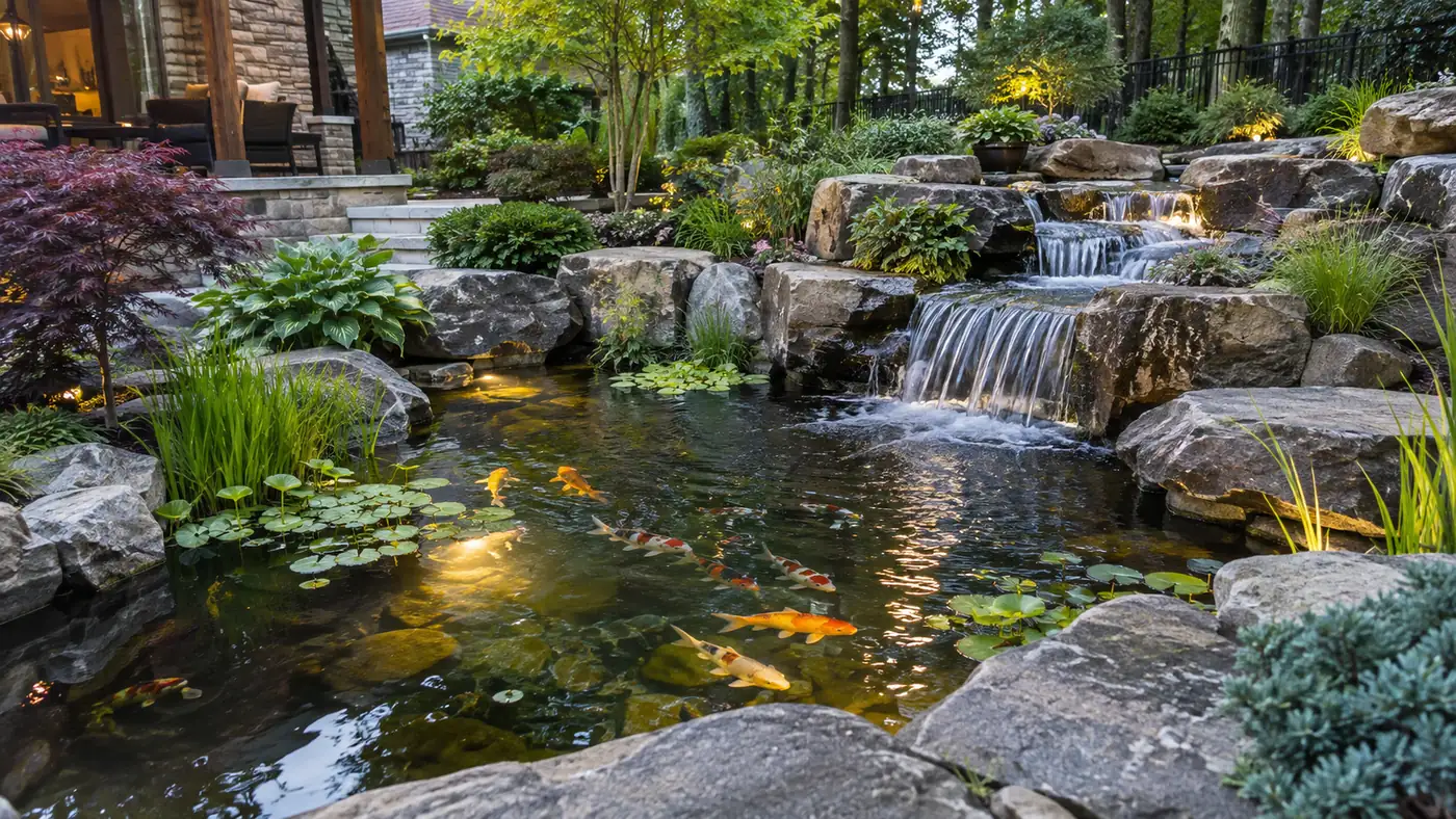 Pond beside a covered patio Concept rendering: koi pond and rock waterfall beside a covered stone patio in Parker, CO