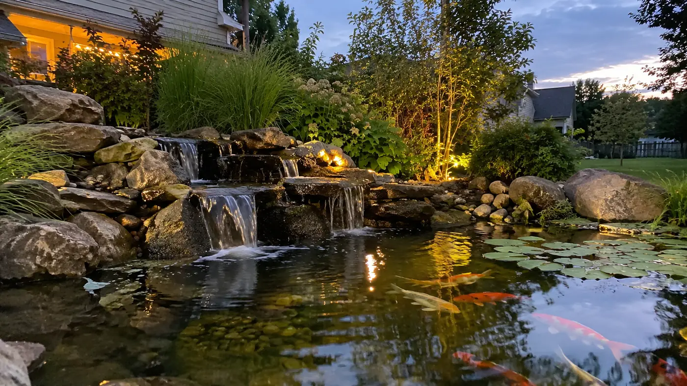 Lit pond and waterfall Concept rendering: koi pond and stone waterfall lit by landscape lighting at dusk in Parker, CO