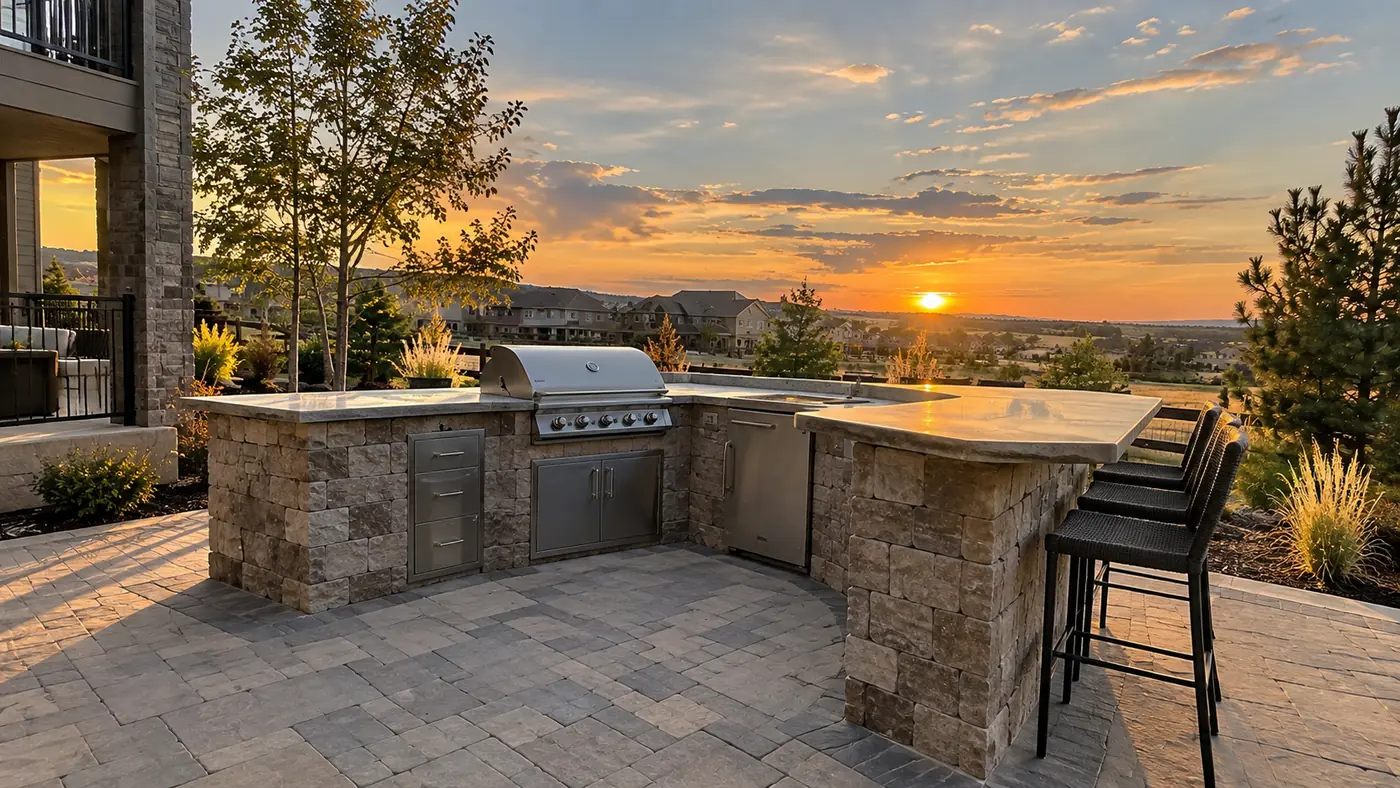 L-shaped outdoor bar Concept rendering: L-shaped stone outdoor kitchen bar with grill and bar stools at sunset in Parker, CO