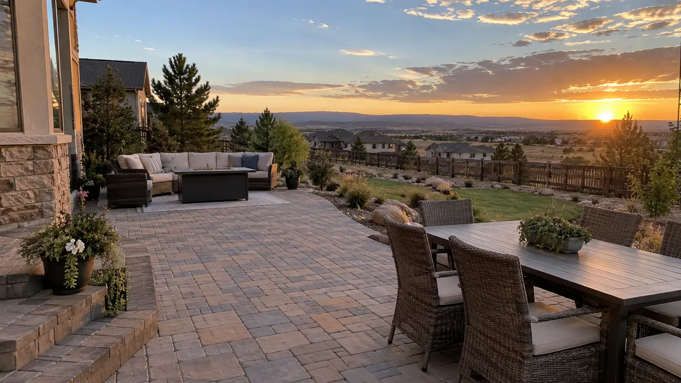 Large paver patio Concept rendering: large paver patio with a lounge sectional and dining table at sunset in Parker, CO