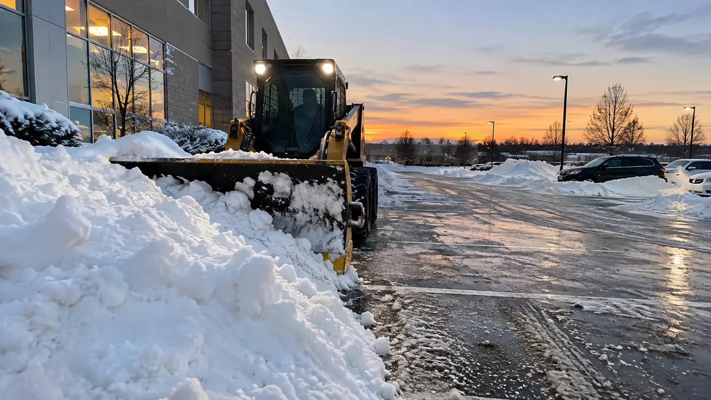 Loader moving snow Concept rendering: wheel loader pushing a snow pile at a commercial lot at sunrise in Parker, CO
