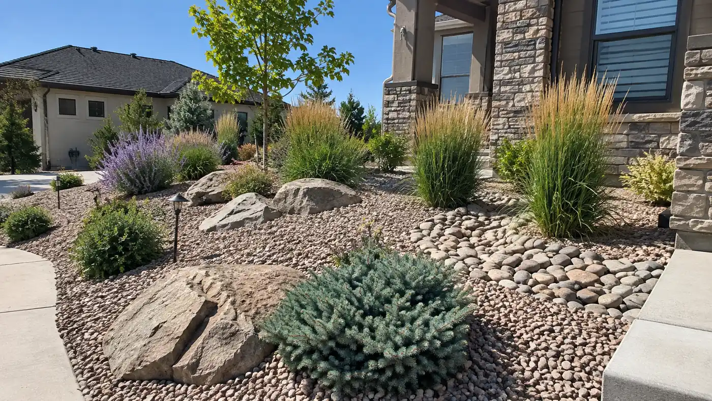 Low-water front yard Concept rendering: low-water front yard with junipers, boulders and lavender at a stone home in Parker, CO