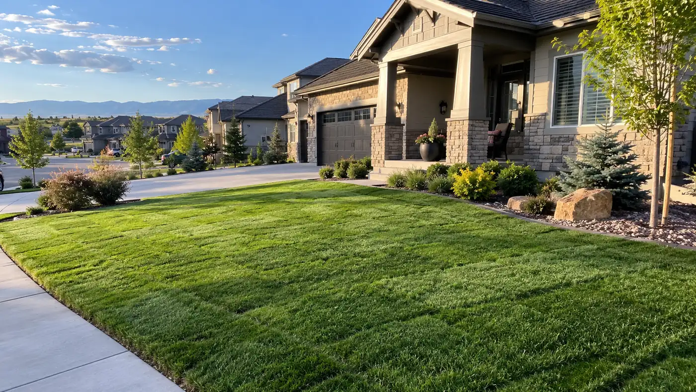 New sod front lawn Concept rendering: new sod front lawn with mulch beds at a stone-accented home in Parker, CO