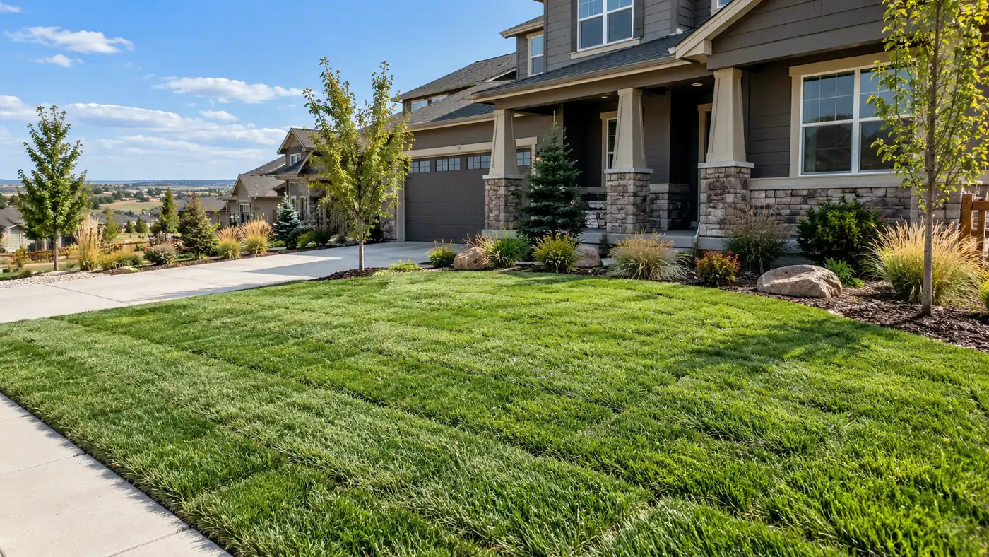New sod at a two-story home Concept rendering: new sod front yard with mulch beds at a two-story stone home in Parker, CO
