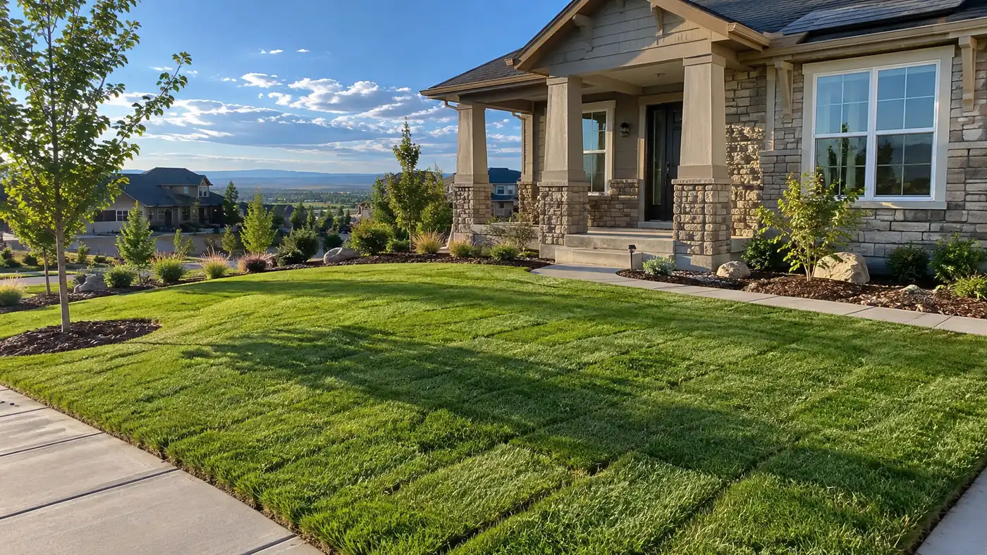 Sod lawn at a craftsman home Concept rendering: new sod lawn below a craftsman porch with a mountain view in Parker, CO