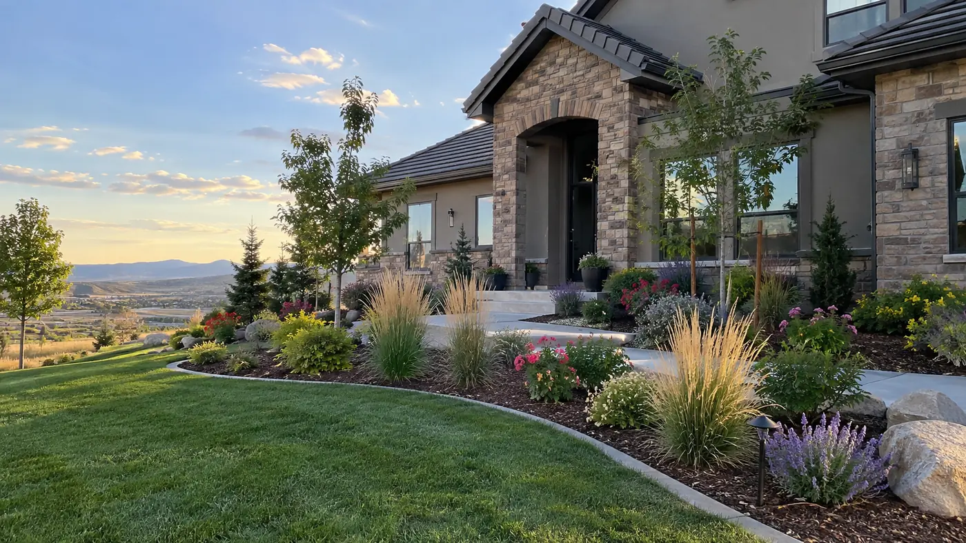 Ornamental grass front bed Concept rendering: front yard bed of ornamental grasses, boulders and perennials at a stone home in Parker, CO