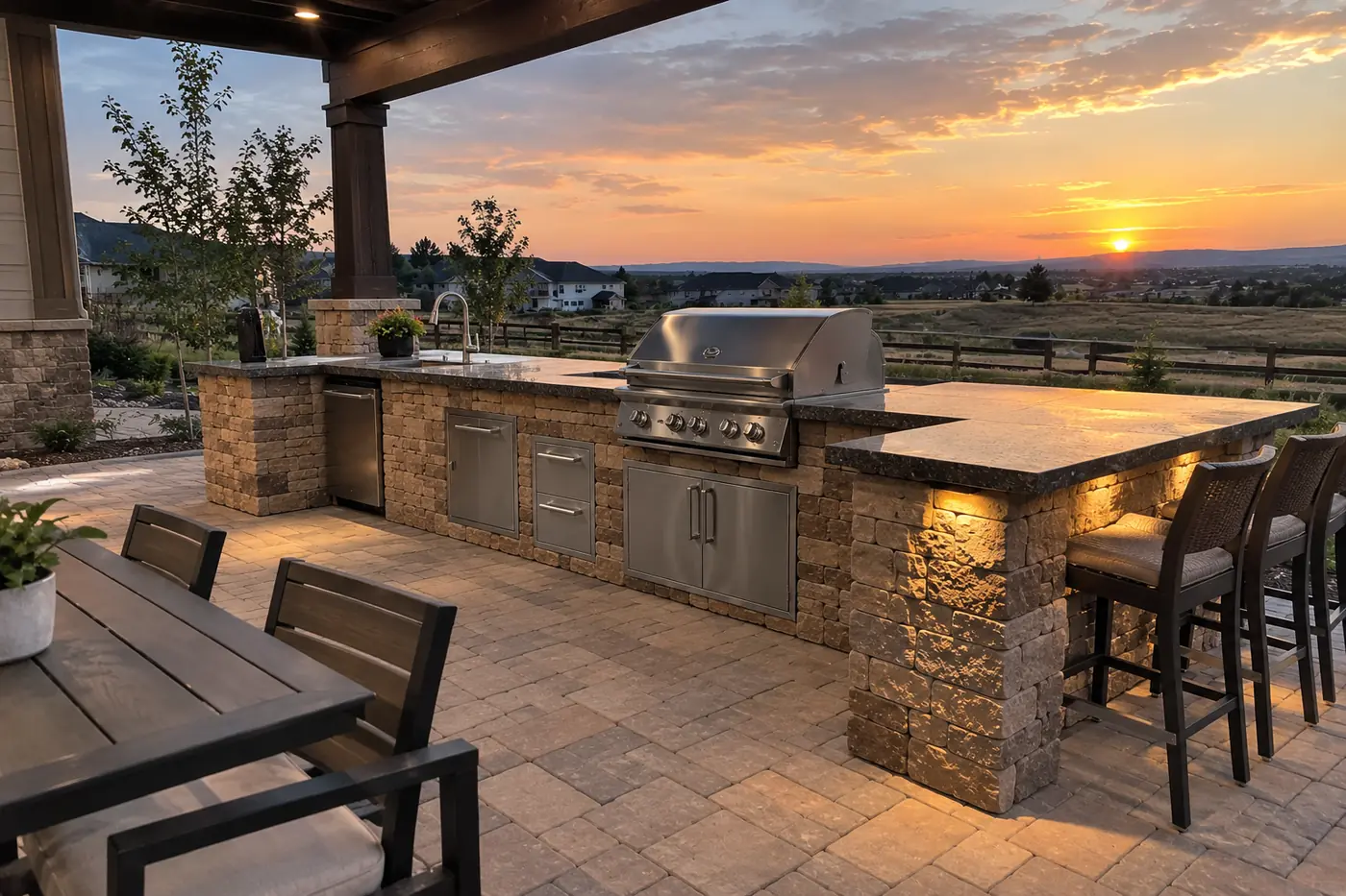 Outdoor kitchen and dining Concept rendering: outdoor kitchen island under a pergola with a dining table at sunset in Parker, CO