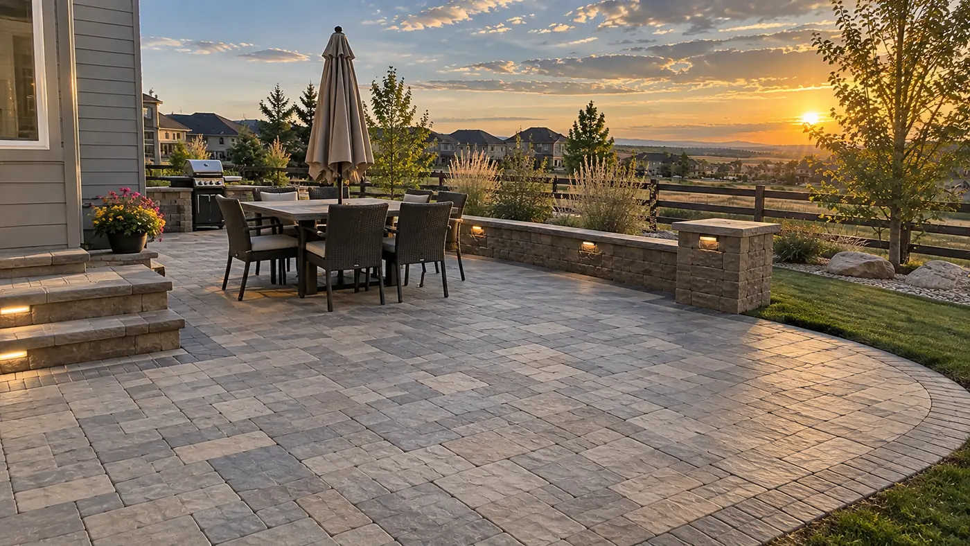 Paver patio dining at sunset Concept rendering: paver patio with a dining set and stone seat wall overlooking the plains at sunset in Parker, CO