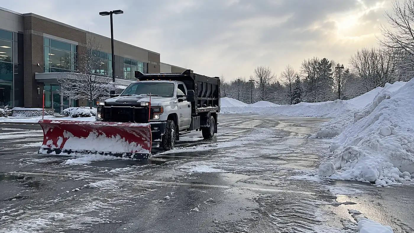 Plow truck clearing a lot Concept rendering: plow truck clearing snow from a commercial parking lot in Parker, CO