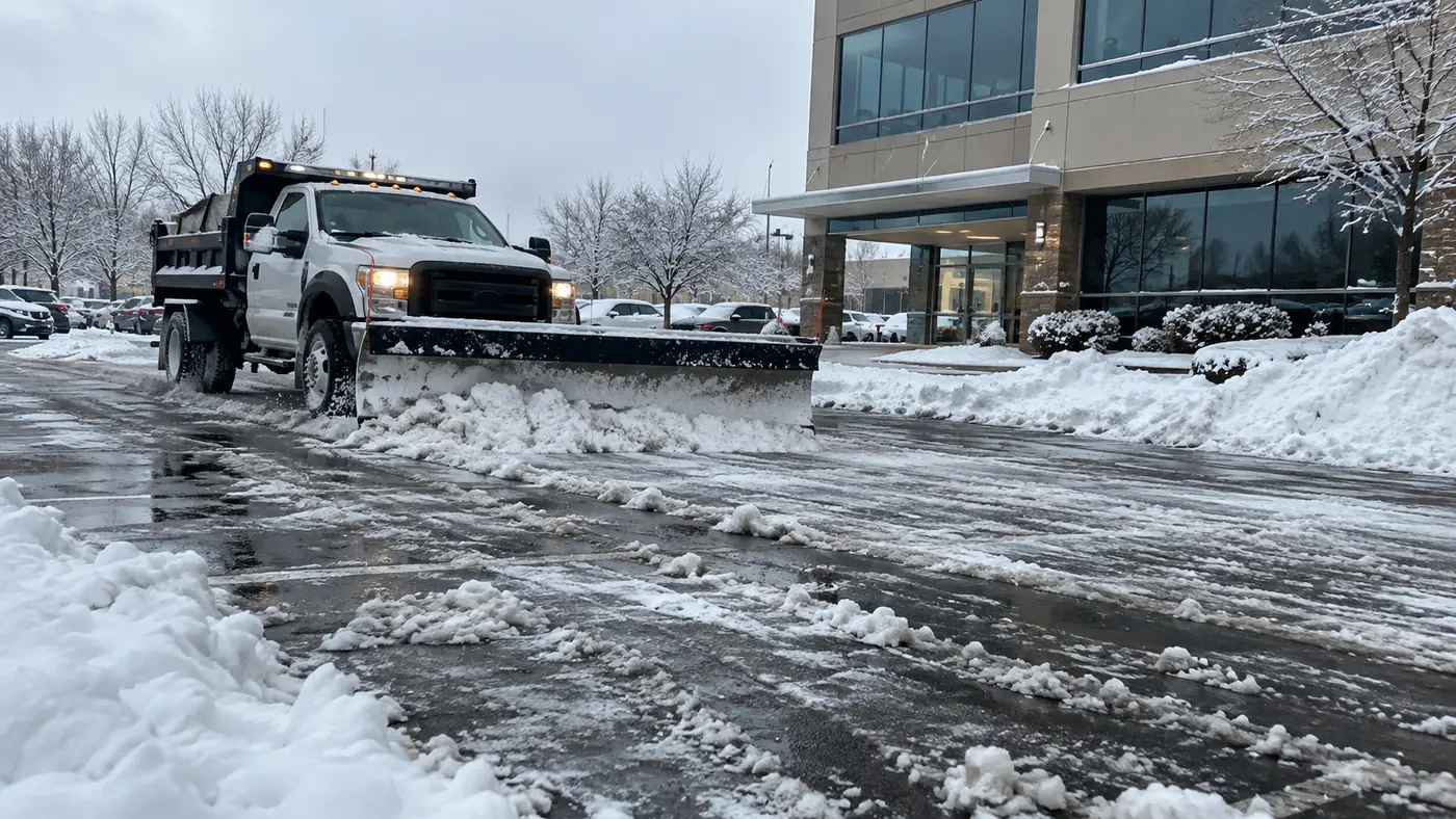 Storefront snow clearing Concept rendering: plow truck clearing snow in front of a storefront in Parker, CO