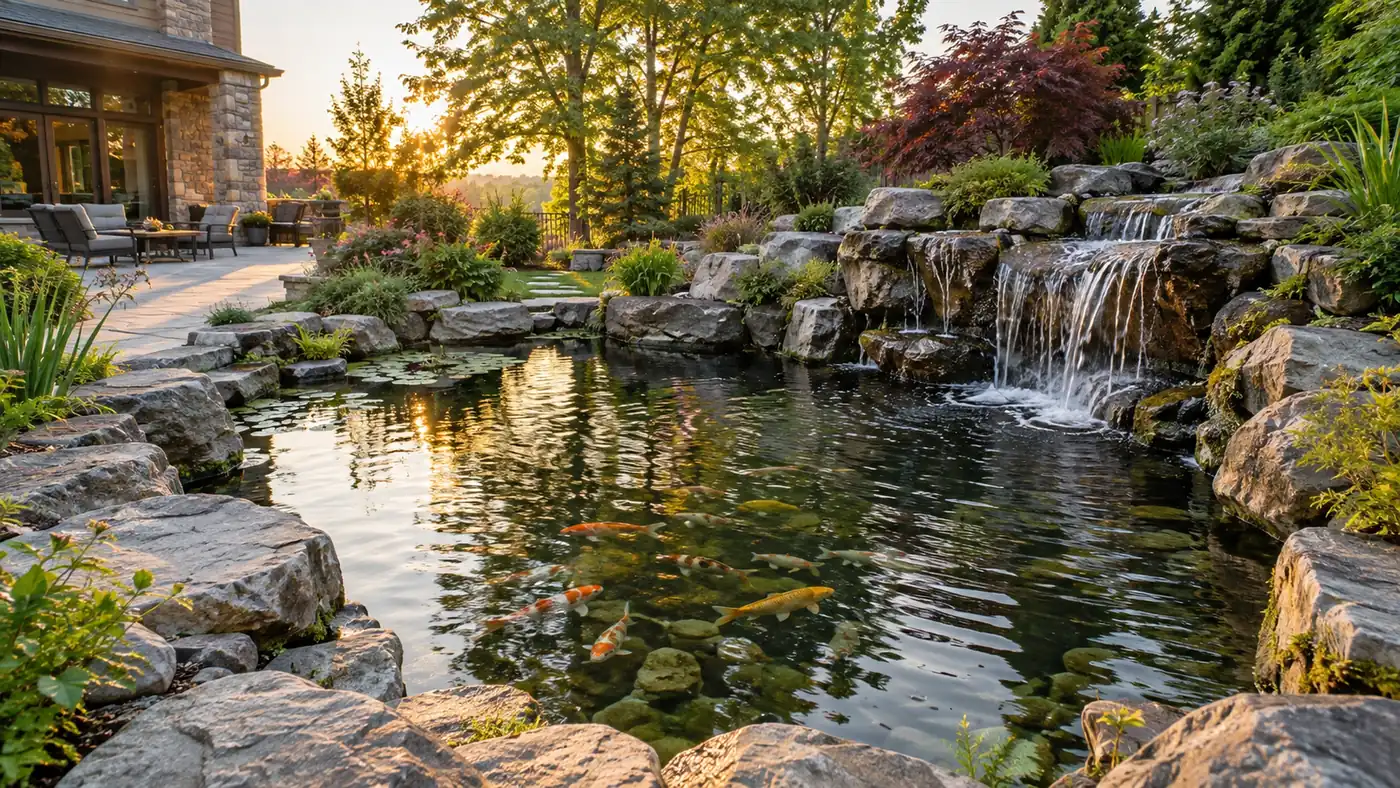 Twin waterfalls at sunset Concept rendering: backyard pond with twin rock waterfalls at sunset in Parker, CO