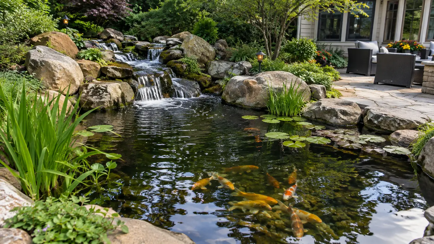 Pond with boulders Concept rendering: backyard pond with boulders, a small waterfall and lily pads in Parker, CO