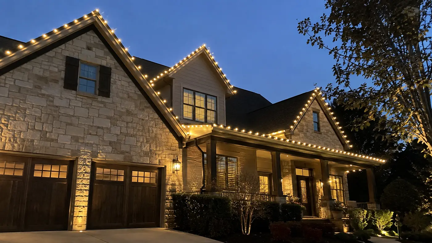 Roofline lights and garage Concept rendering: roofline holiday lights outlining a stone home and garage at night in Parker, CO